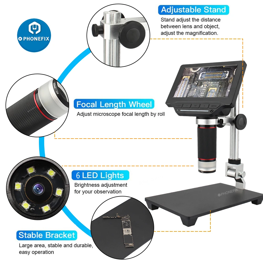 Microscópio digital com gravador lcd de 7.0 polegadas, endoscópio de 1000x com gravação de vídeo, zoom, tf, gravador de vídeo, pc, relógio de telefone, reparo pcb