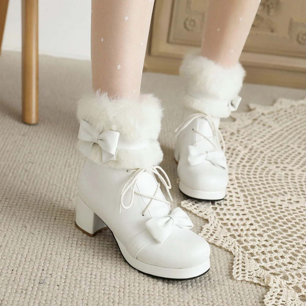 Pu Winter Japanese Lolita Boots Fluffy Round Toe Kawaii Anime Cosplay Women Shoes Lolita Ankle Boots Plus Velvet Warm Loli Boot