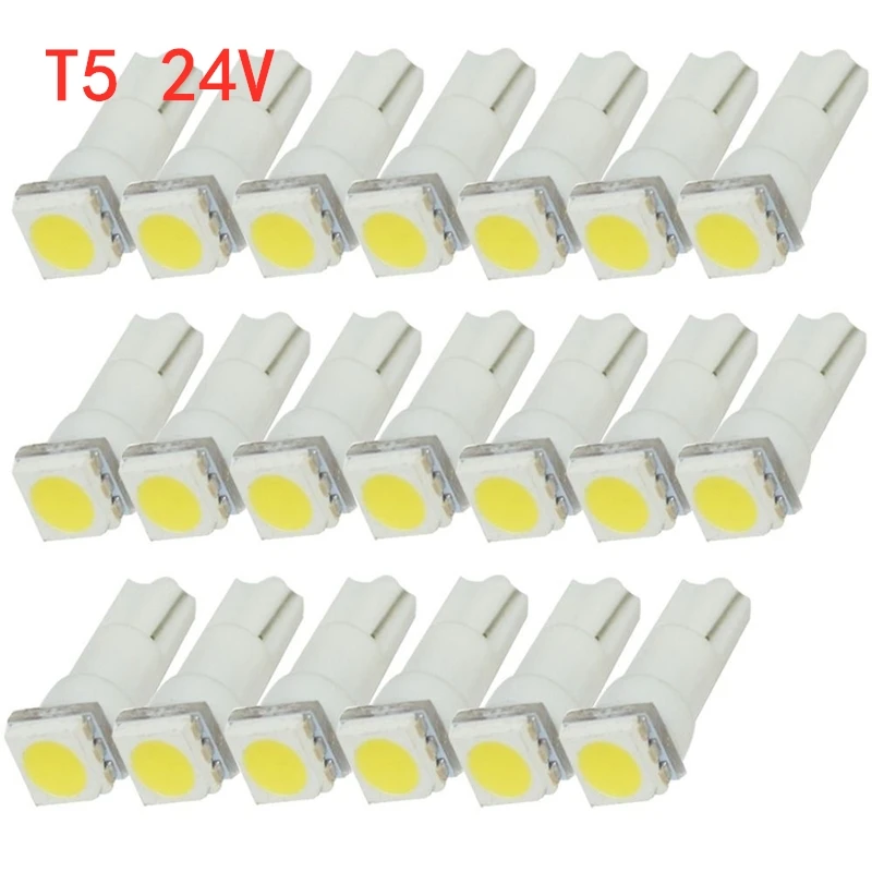 20Pcs White T5 5050 1SMD 24V Wedge Dashboard LED Bulbs Car Instrument Indicator Lights Auto Interior Accessories 37 73 74 79