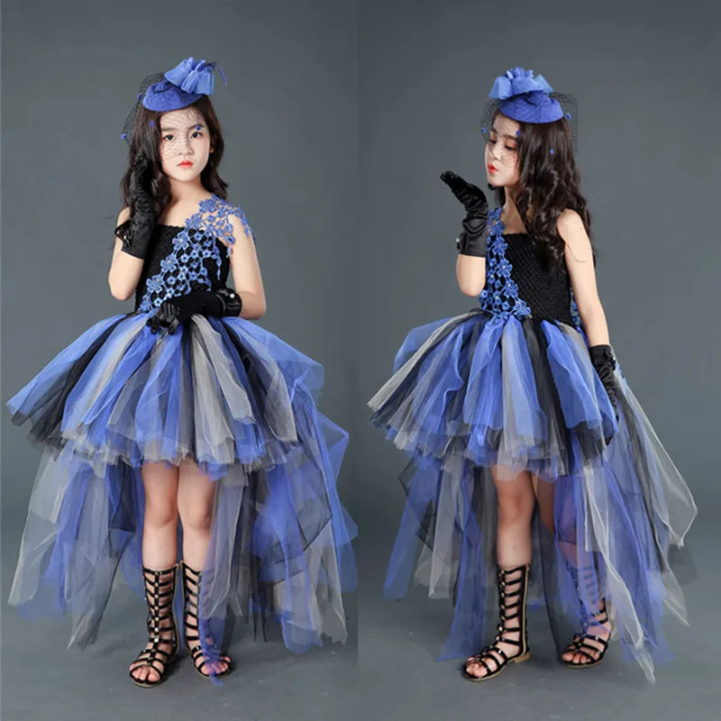 Girls Princess Dress High-End Black and Purple Halloween Party Tutu Dresses with Train Tulle Kids Clothes Lace Dresses for Girls