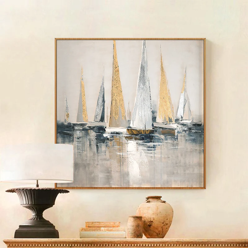 Pure hand-painted Oil Painting Sailing Gold And Silver Sharply Seaside Living Room Entrance Hallway Corridor Background Decorati