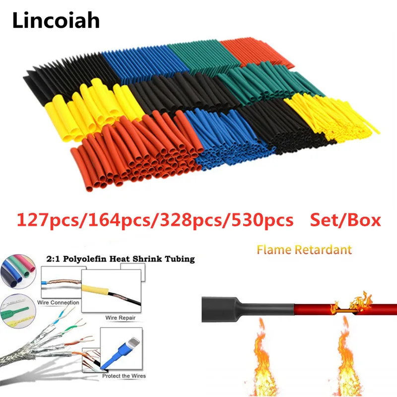 530pcs/328pcs/164pcs/127pcs Set/Box Polyolefin Shrinking Assorted Heat Shrink Tube Wire Cable Insulated Sleeving Tubing Set