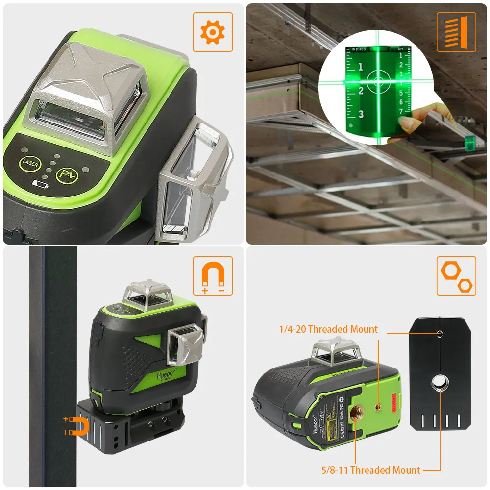 Huepar Green Beam 3D Laser Level with Bluetooth Function Self-Leveling Cross Line USB Charge, Dry & Li-ion Battery & Tripod Sets