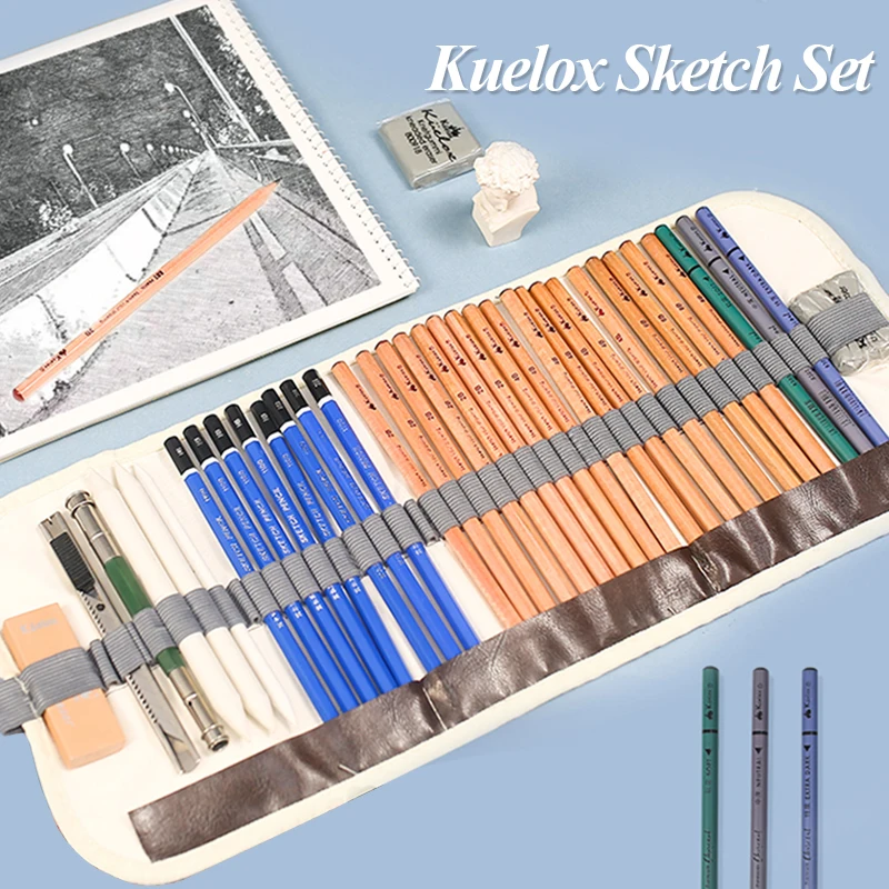 Kuelox Sketch Pencils Set Roll Up Canvas Wrap Sketching Pencil Bag Art Drawing Supplies Charcoals Kneaded Eraser 18/27/37/43pcs