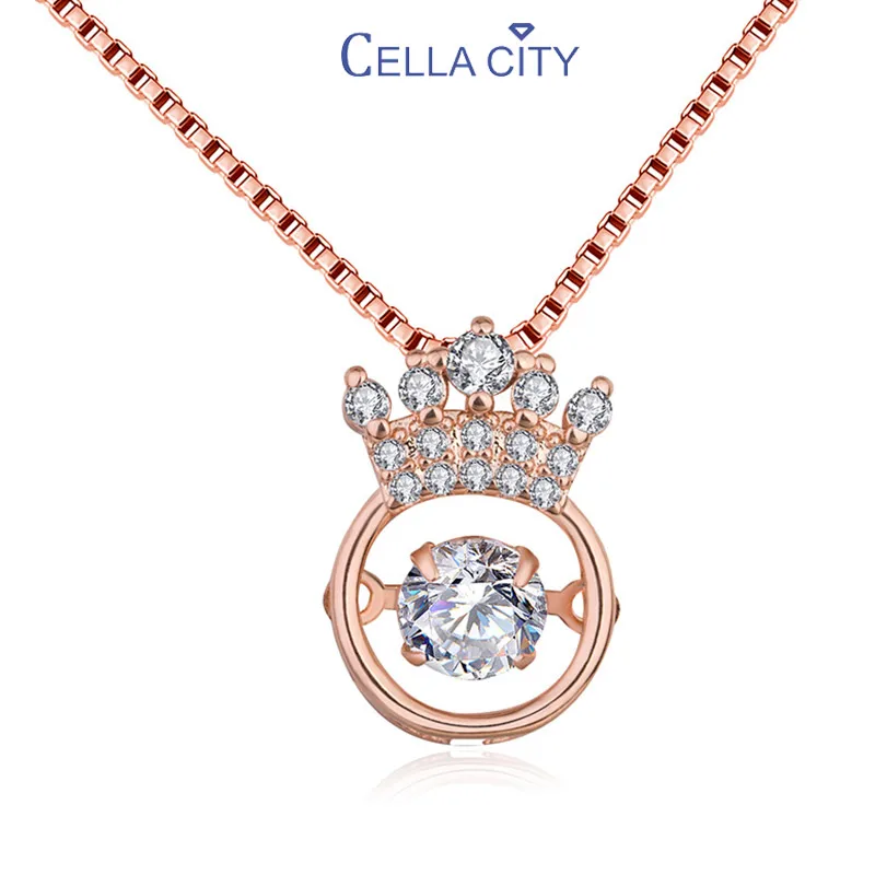 Cellacity Silver 925 Jewelry Round Gemstones Crown Pendant Necklace for Women Beating heart Trendy Female Clavicle Chain Gifts