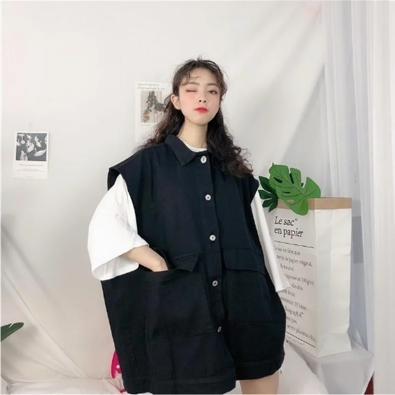 Chaleco sin mangas que combina con todo para mujer, chaquetas sueltas de un solo pecho, cuello vuelto, sólido, moda coreana Vintage Ulzzang