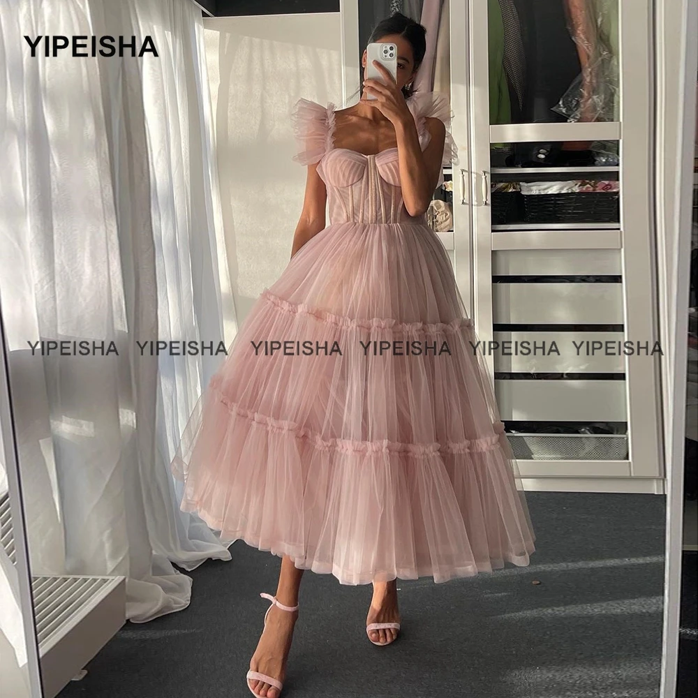 

Yipeisha Pink Prom Dresses Spaghetti Straps Tiered Tulle Prom Gown Exposed Boning A-Line Tea-Length Wedding Party Dresses