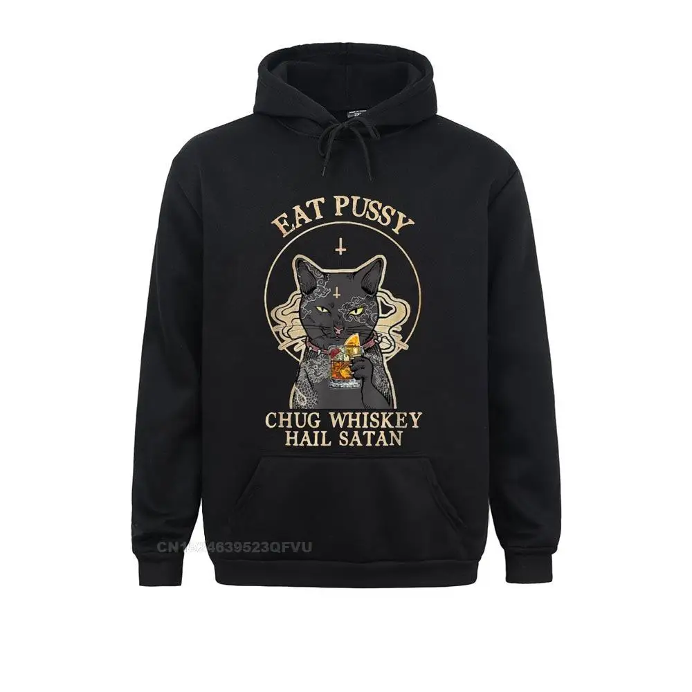 Funny Black Cat Eat Pussy Chug Whiskey Hail Satan Vintage Men Funny Premium Cotton Camisas Hombre Hoodie Unisex Men Streetwear S