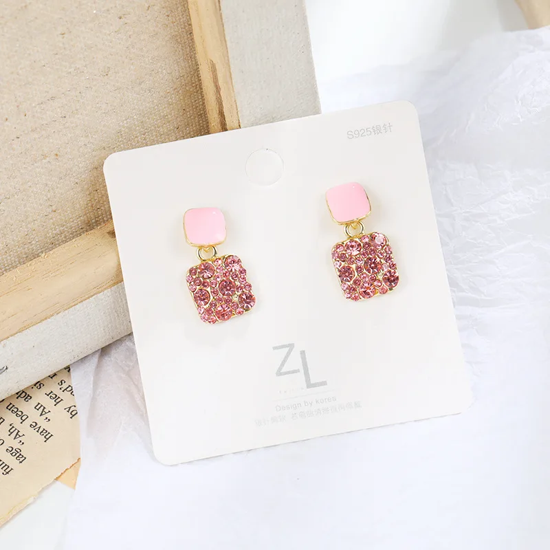 Popular Girl Earrings Korean Version Of Crystal Drip Glaze Pink Black White Square Love Crystal New Net Red Temperament Earrings