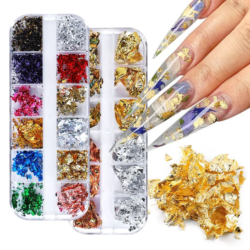 12Grid Gold Foils Mixed Nails Glitter Flakes Paillette Chip Aluminum Nail Design Shinny Nail Art Decoration Accessories