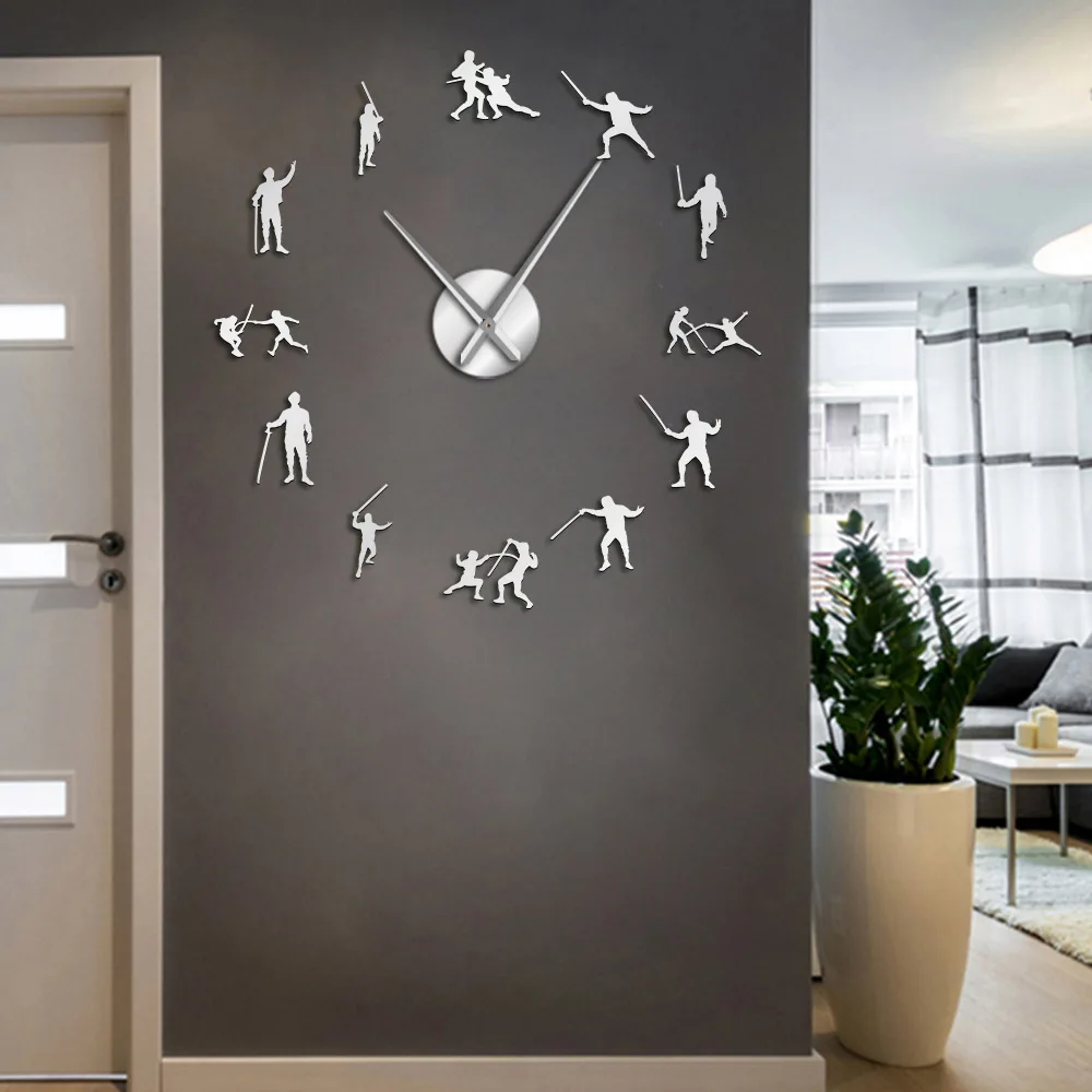 

Fencing Modern Design Giant Wall Clock Fencer Swordman Acrylic Mirror Stickers Boys Room Silent Non Ticking Frameless Big Clock