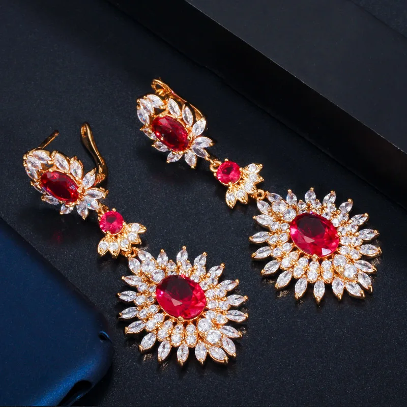 CWWZircons Yellow Gold Color Indian Red CZ Crystal Vintage Ethnic Bridal Long Big Wedding Earrings Jewelry for Women CZ301