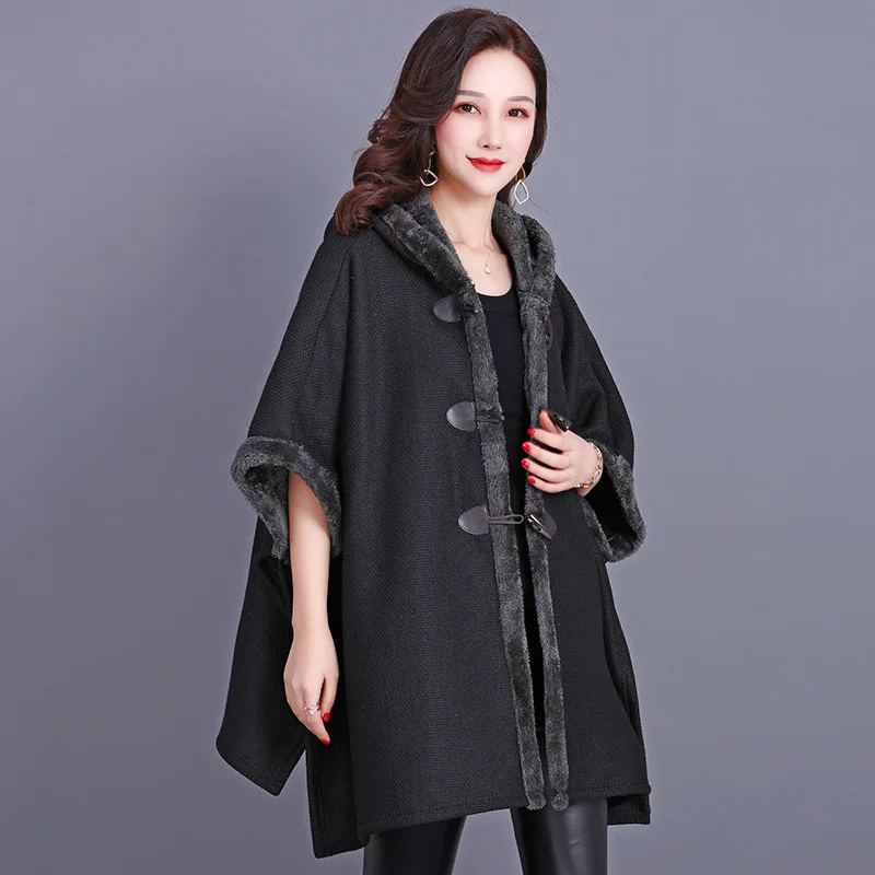 Women  Velvet Thicken Cloak Big Pendulum Cardigan Winter Warm Horn Buckle Overcoat Batwing Sleeves Long Poncho Wear With Hat