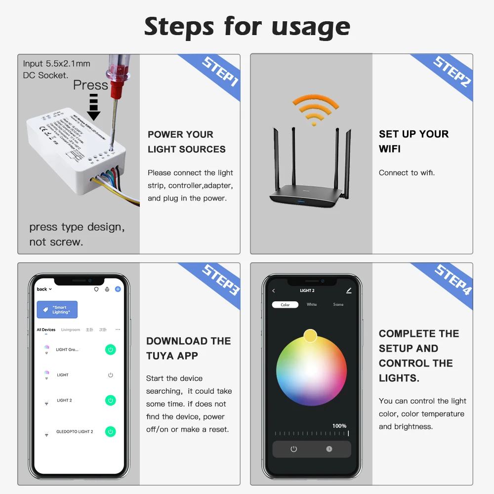 Imagem -04 - Controle de Voz Rgbw do Diodo Emissor de Luz de Tuya Wifi Rgbw Alexa Conduziu Luzes de Tira Controle Esperto do Aplicativo do Controlador Dc12v24v o