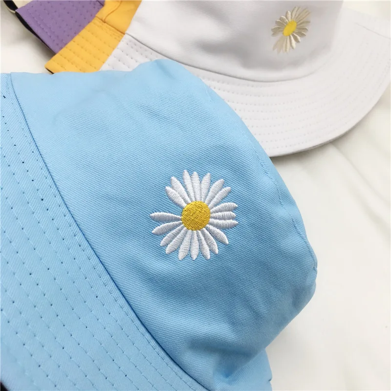 Summer Women Bucket Fishing Hats Sunscreen Sun Cap Little Daisies Embroidery Double-sided Wear Spring Lady Student Fisherman Hat