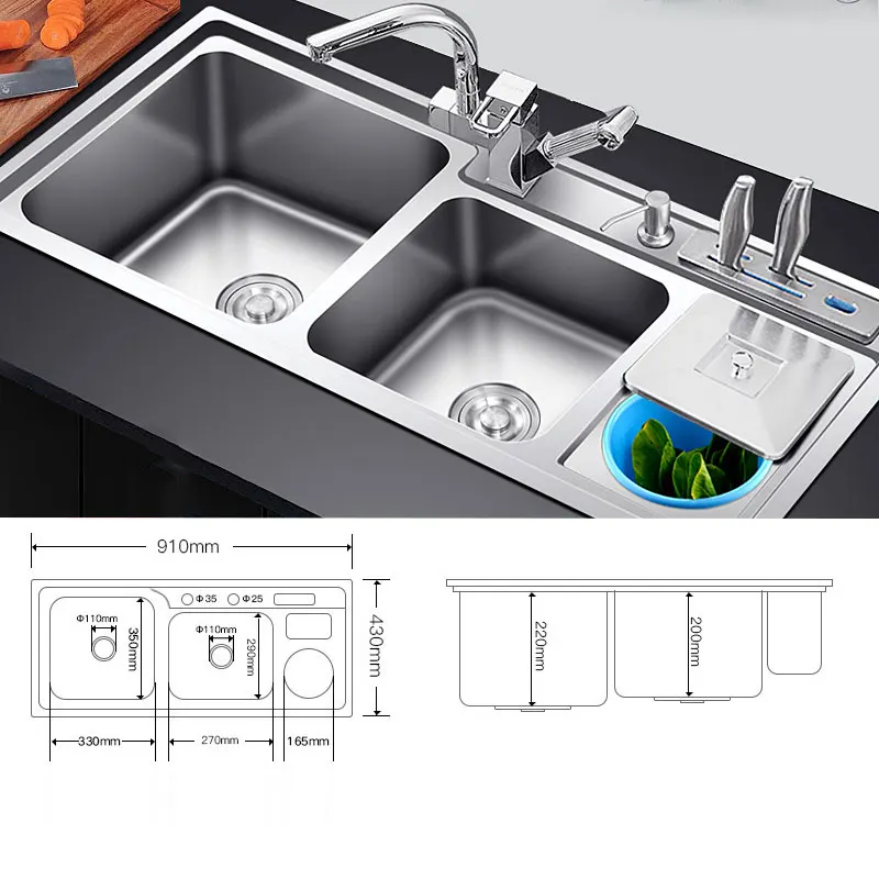 CKWS kitchen sink double bowl above counter or udermount sinks 304 stainless steel 1.2mm thickness sink  kitchen With trash can