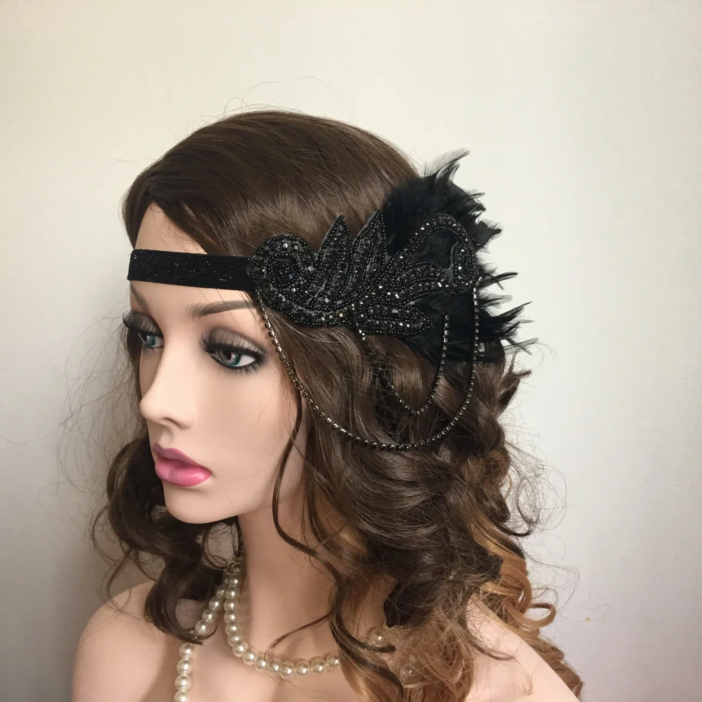 Feather Headband Vintage Elastic Feather Rhinestone Chain Forehead Decorations Gatsby Party Charleston Party Feather Headwear