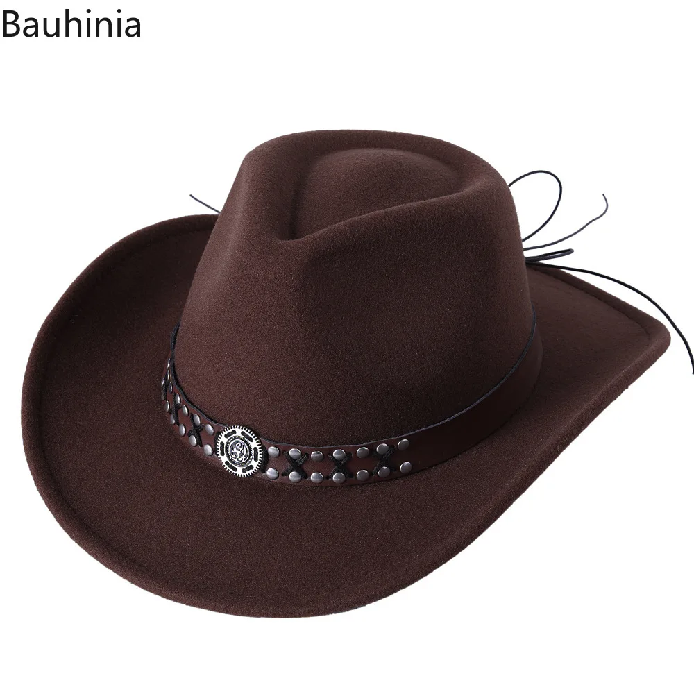 Easy Hinia-Chapeau de cowboy occidental en laine de style vintage pour hommes et femmes, chapeau à large bord, casquette de jazz Cowgirl, casquette