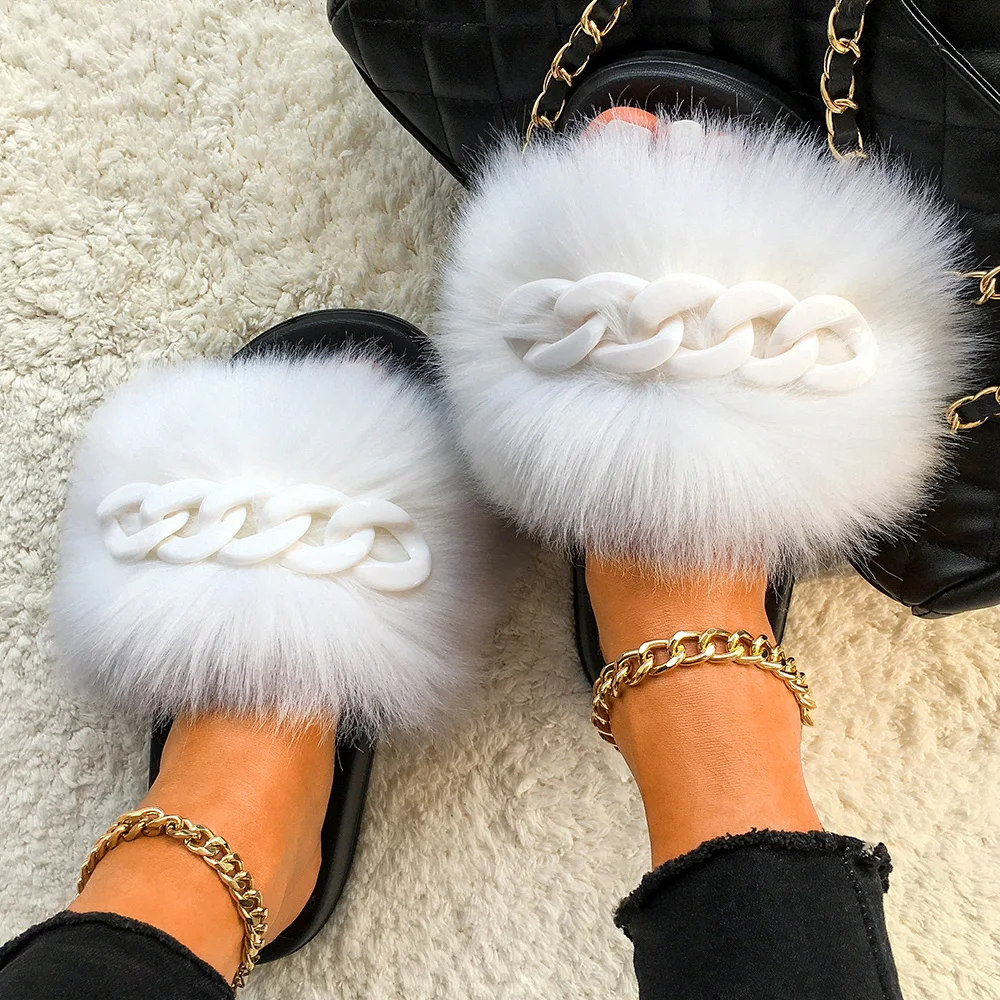 Faux Furry Fur Slippers Cute Female Fur slides Fluffy Flip Flops Designer Shiny Chain Fashion Shoes Home Beach Slippers Women