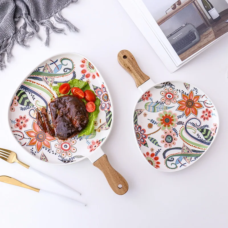 

High temperature matte glaze acacia wood handle ceramic plate steak plate western food plate pasta plate