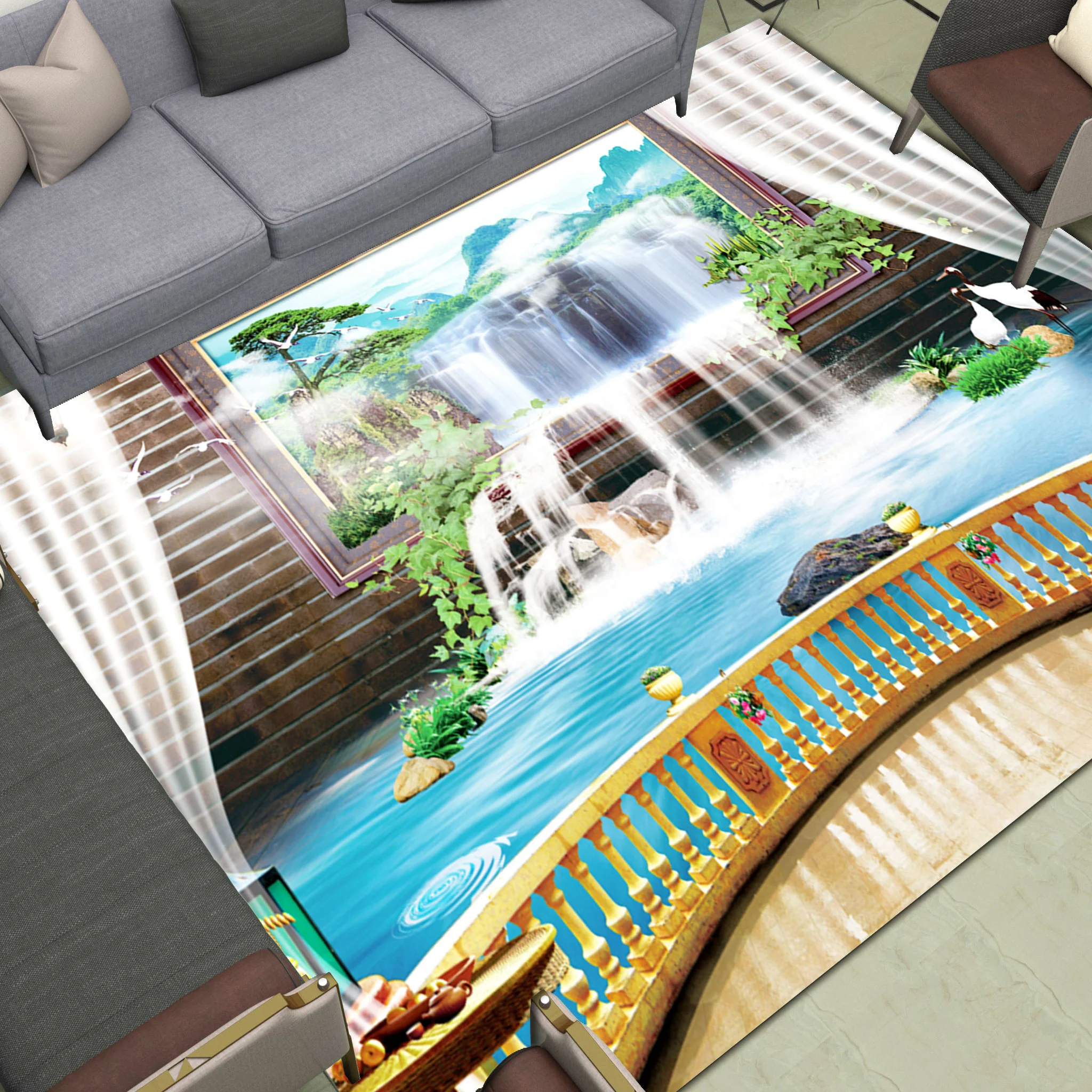 

3d Area Rugs A Sunny Day Balcony Window Kitchen Large Mat Living Room Bedroom Bathroom Decoration Beach Printed Carpet Swan Lake