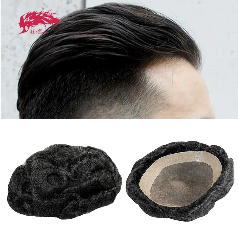 Ali Queen Hair-Toupet indien Remy mono et NPU pour hommes, systèmes de remplacement de cheveux, perruque faite à la main, pièce de cheveux ondulés