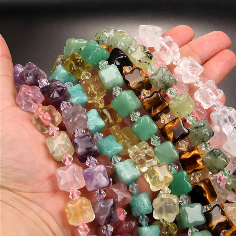 12mm Four Leaf Clover Beads Natural Quartz Stone Cube Beads Loose Flower Beads Charms For Jewelry Making DIY Bracelet Craft