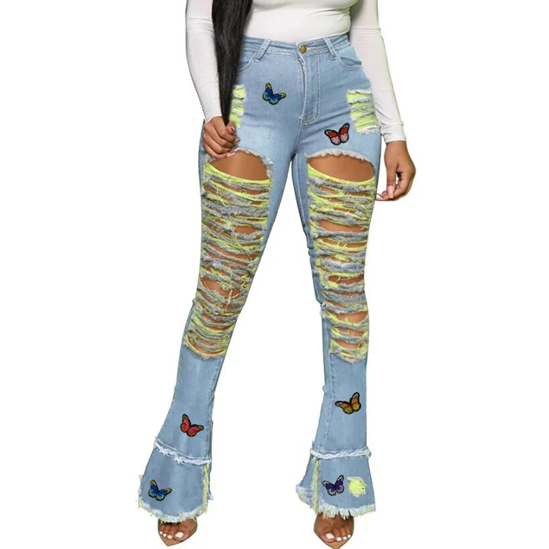 Sexy Hollow Out Big Ripped Jeans Women Fashion Butterfly Embroidery High Waist Bell Bottom Jeans Woman Skinny Tassel Flare Pants