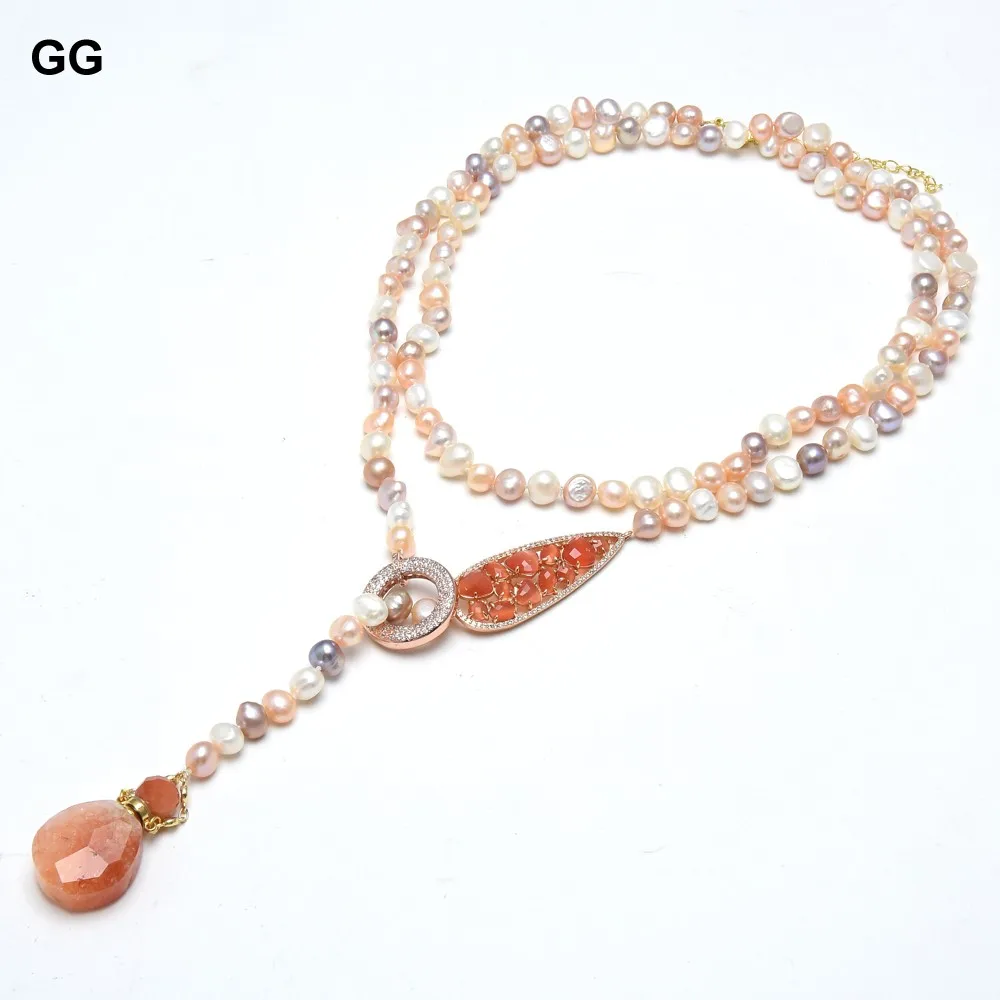 GuaiGuai Jewelry Natural Freshwater Pearl Rose Gold Plated Cat's eye Connector Long Necklace 45'' Red Quartzs Rutilated Pendant