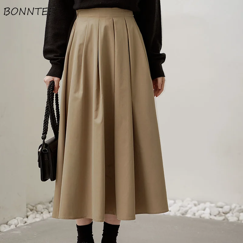 

Skirts Women Korean Style High Waist Mid-calf Newest Clothing Pleated Pure Color Office Ladies Tender Classy Retro Chic Autumn