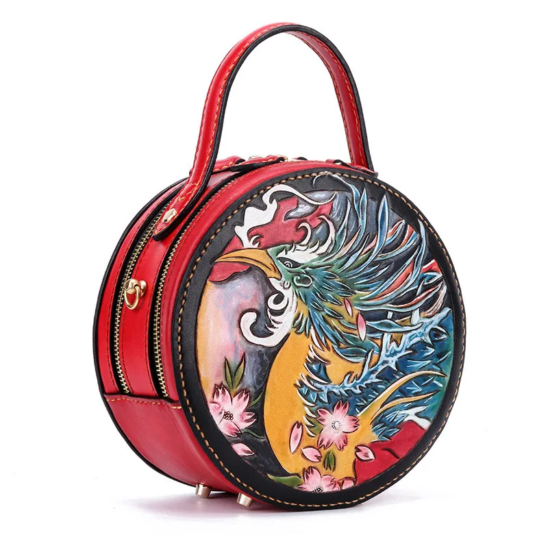 

Handmade Vintage Women Vegetable Tanned Leather Handbags Lady Circular Cow Leather Bag Carving Red-crowned Crane Phoenix Bags