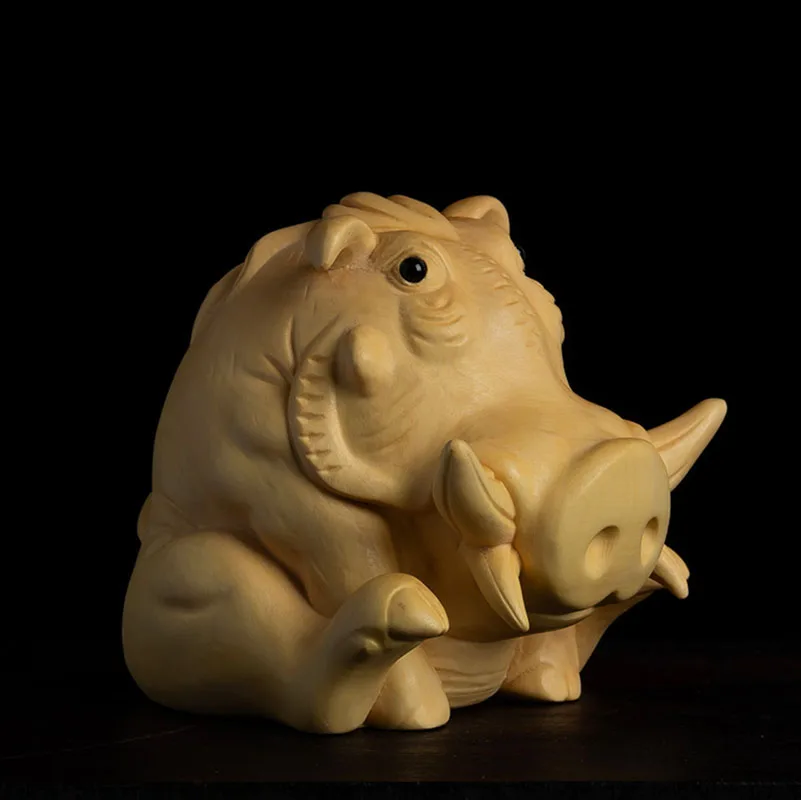 XS533- 6.5 CM Desert Warthog Boxwood Sculpture Feng Shui Wood Carving Cute Boar Pig Statue Collection Ornaments