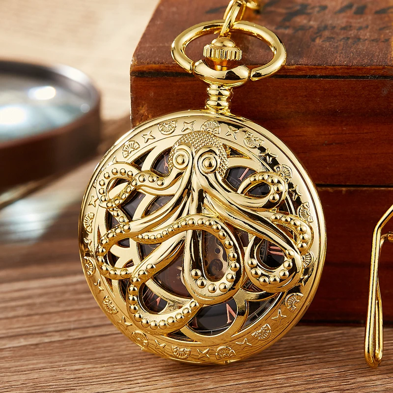 Gold Octopus Mechanical Pocket Watch Steampunk Skeleton Hand-wind Flip Clock Fob Watch With Chain For Men Women Collection