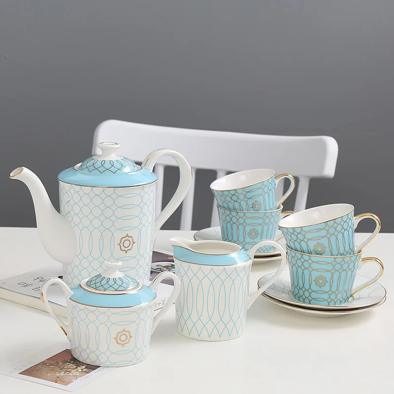 Drinkware 11/15 Piece Set Coffee Teapot Blue Phnom Penh Ceramic Cup and Saucer Sugar Bowl Milk Jug Household Kitchen Supplies