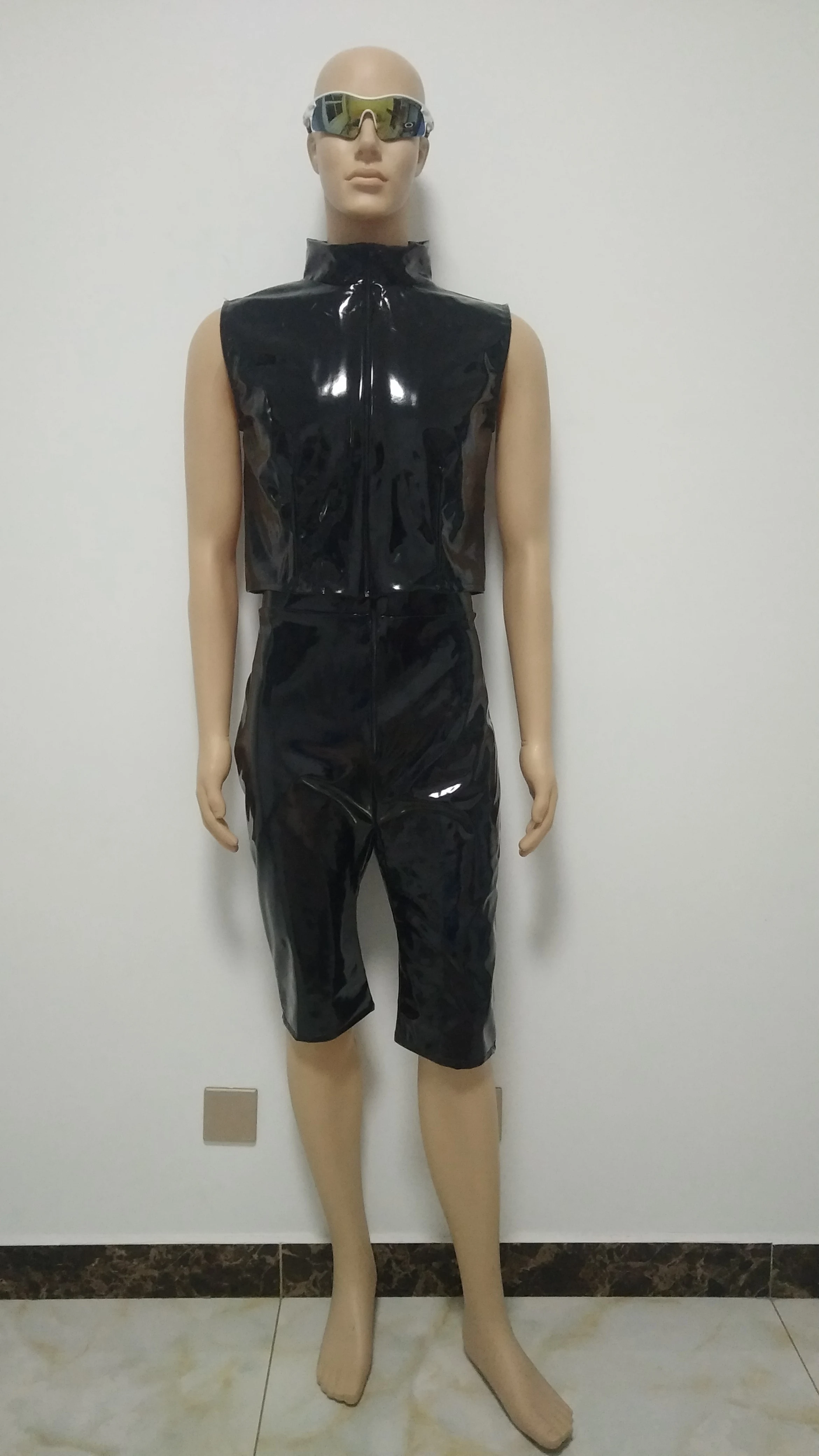 2pieces suit PVC shiny Paint Leather Top with Shorts Men's Tights game Funny leather clothing