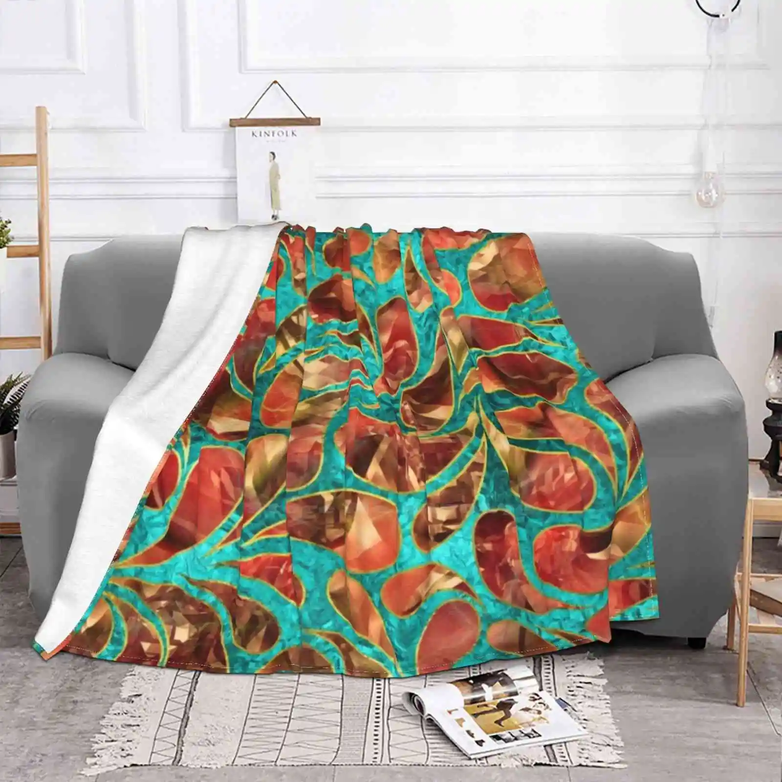 Gold Framed Red Gemstone Paisley Pattern On Teal Air Conditioning Blanket Fashion Soft Blanket Paisley Pattern Gold Teal