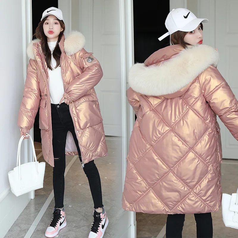 

Bright Jacket Women Winter Fur Collar Full Sleeve Korean Loose Hooded Jacket Women Elegant Thicken Warm Outerwear Female LD2517