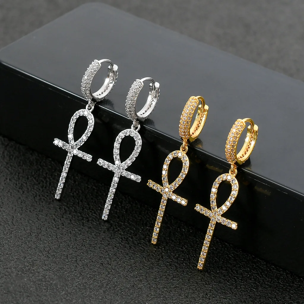 

Hip Hop 1Pair Iced out Zircon Ankh Cross Earring Gold Color Micro Paved AAA Bling CZ Stone Stud Earrings For Men Jewelry korean