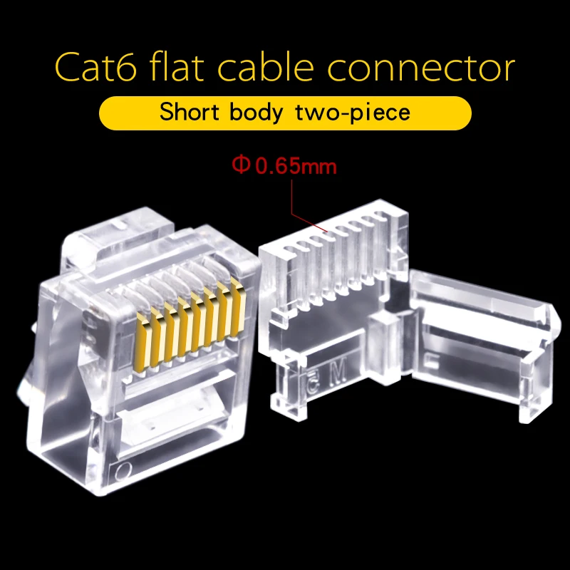 Cat6 Flat Cable RJ45 Connector，Short Body Two-piece，UTP 8-Pin Modular Ethernet Network Plugs MaxOD 0.65mm 50pcs