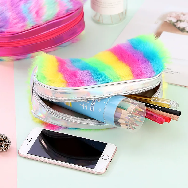 Plush School Pencil Case Colorful Rainbow Pen Box for Girl Pencilcase Large Cartridge Cosmetic Makeup Penal Bag Stationery Pouch