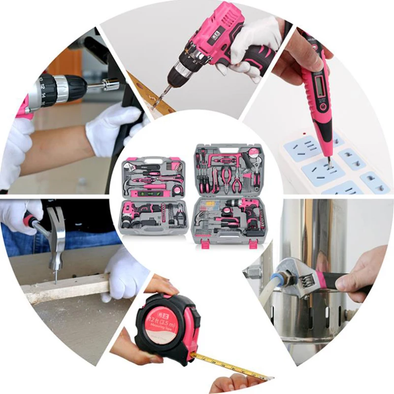 Pink Hand Tool Set KitElectric Screwdriver Li-ion Battery Lady Women Household Power Tool Set