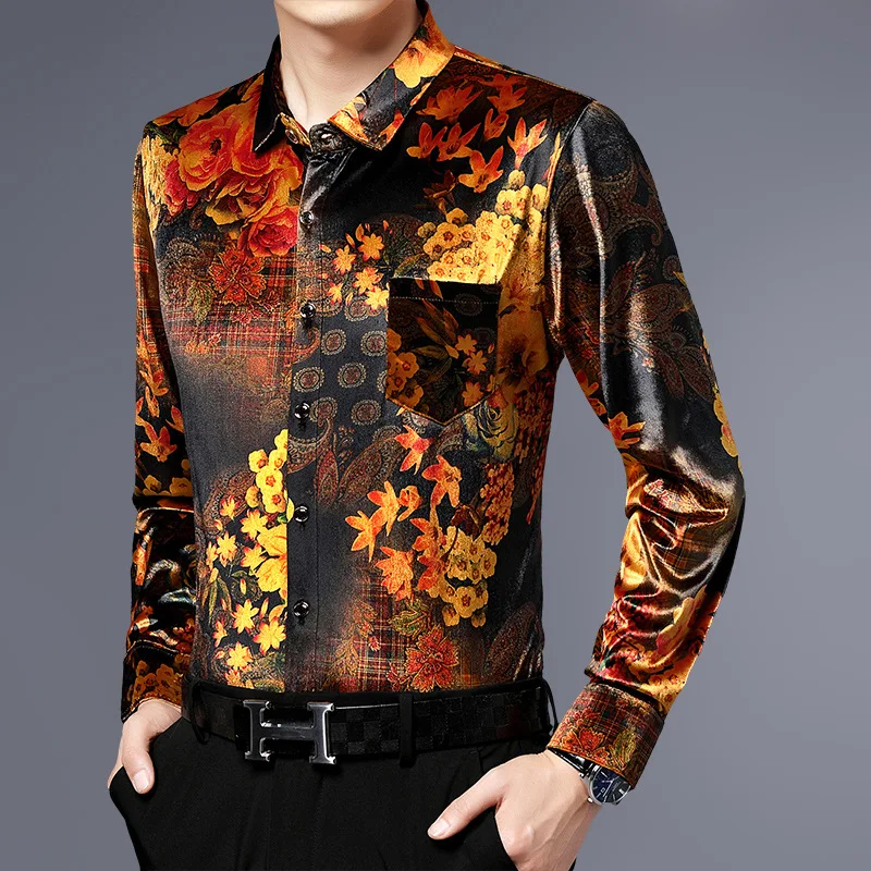 Bright Floral Pattern Print Dress Men Shirt Casual Long Sleeve Spring Quality Velvet Soft Comfortable Silky Luxury Chemise Homme