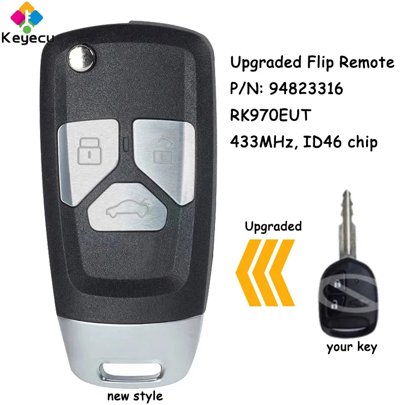 

KEYECU Upgraded Flip Folding Remote Control Car Key With 433MHz ID46 Chip for Chevrolet New Spark Fob P/N: G*M 94823316 RK970EUT