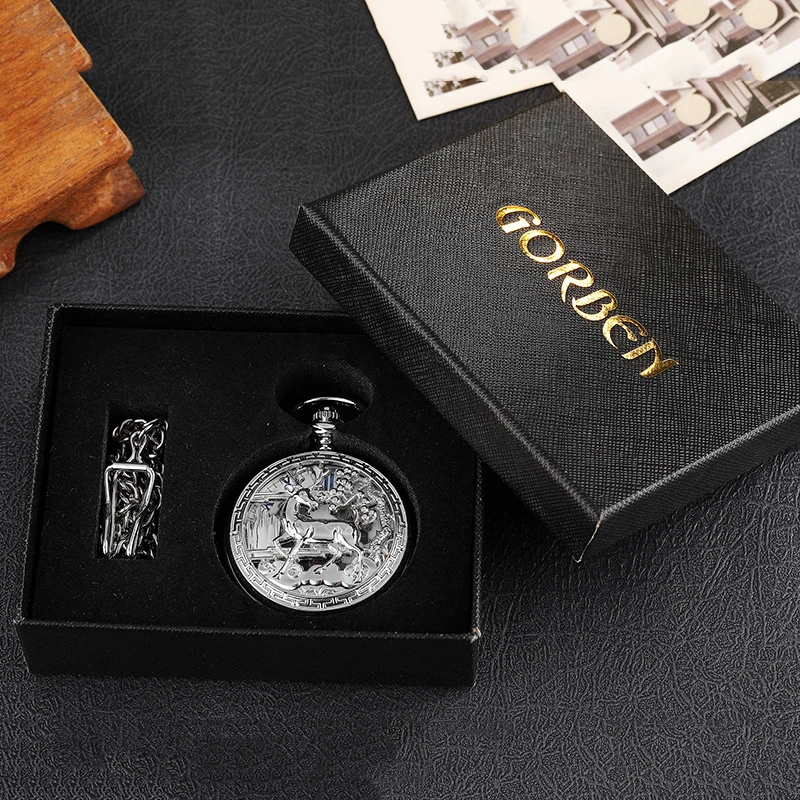 Sliver Deer Mechanical Pocket Watch Male Antique Vintage Hollow Steampunk Skeleton Luxury Engraved Gold Fob Chain Clock for Men