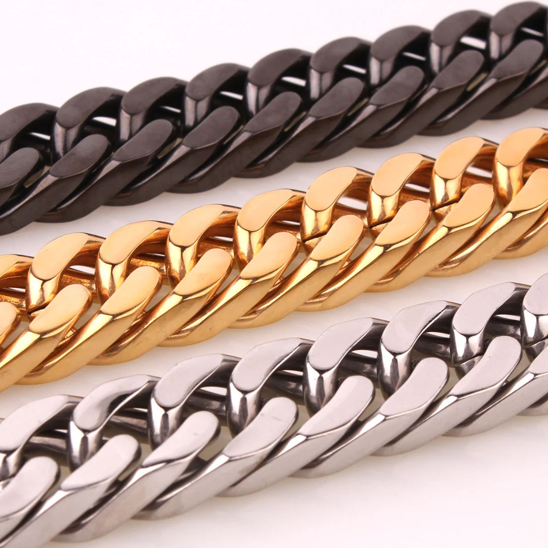 10/12/15/17/19MM Silver/Gold/Black Fashion Mens Womens Stainless Steel Curb Cuban Link Chain Necklace Or Bracelet 7-40\