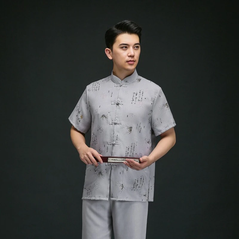 Men's Casual Tops chinese men Costume Shirt tops топ Chinese Style Summer Printed Cotton Linen Short Sleeve Top chinese blouse