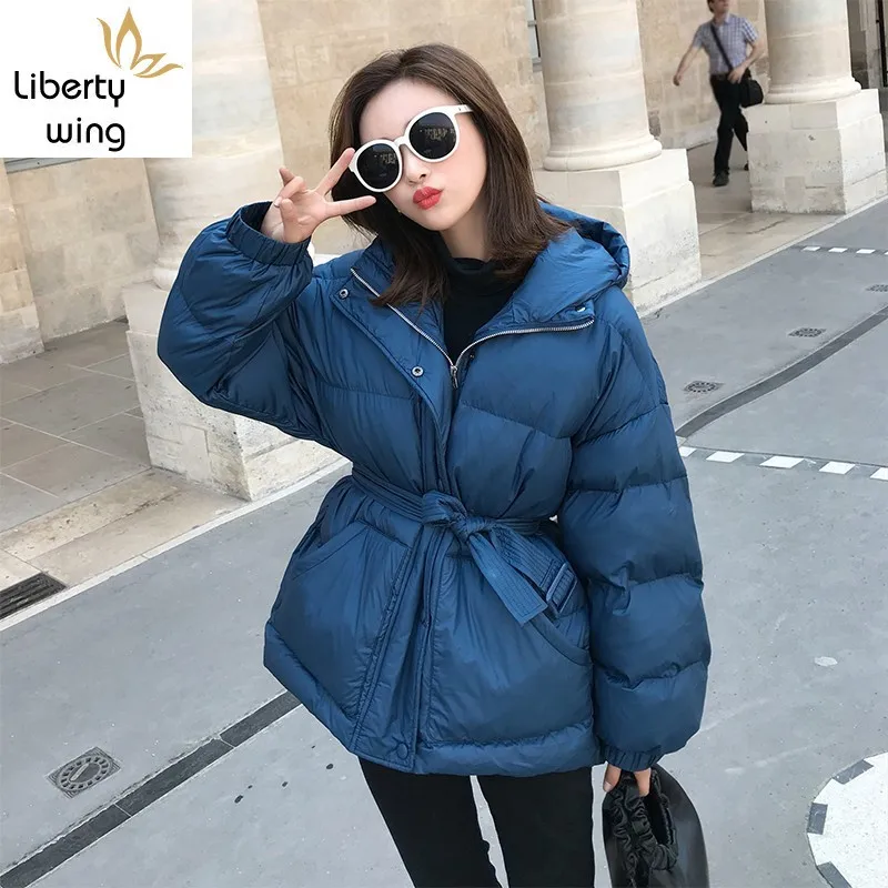 Fashion Blue Tight Waist Thick Down Cotton Winter New Jacket Coat Women Plus size Hooded Warm Female Padded Overcoat