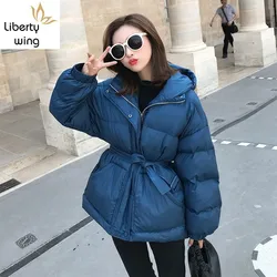 Fashion Blue Tight Waist Thick Down Cotton Winter New Jacket Coat Women Plus size Hooded Warm Female Padded Overcoat