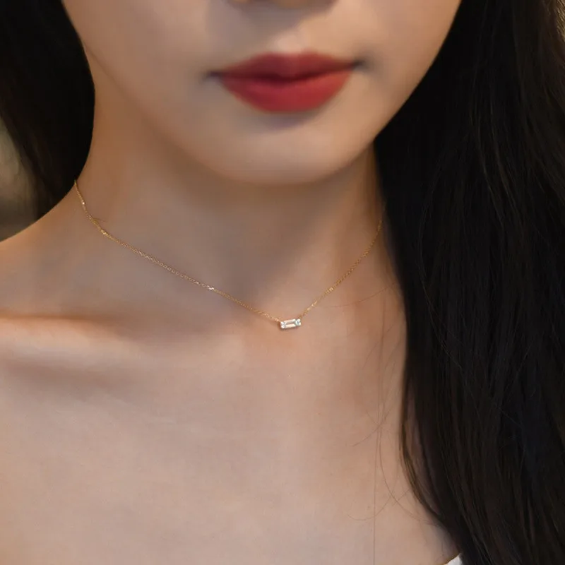 925 Sterling Silver French Simple Square Crystal Pendant Clavicle Chain Necklace Women Classic Plating 14k Gold Jewelry Gift