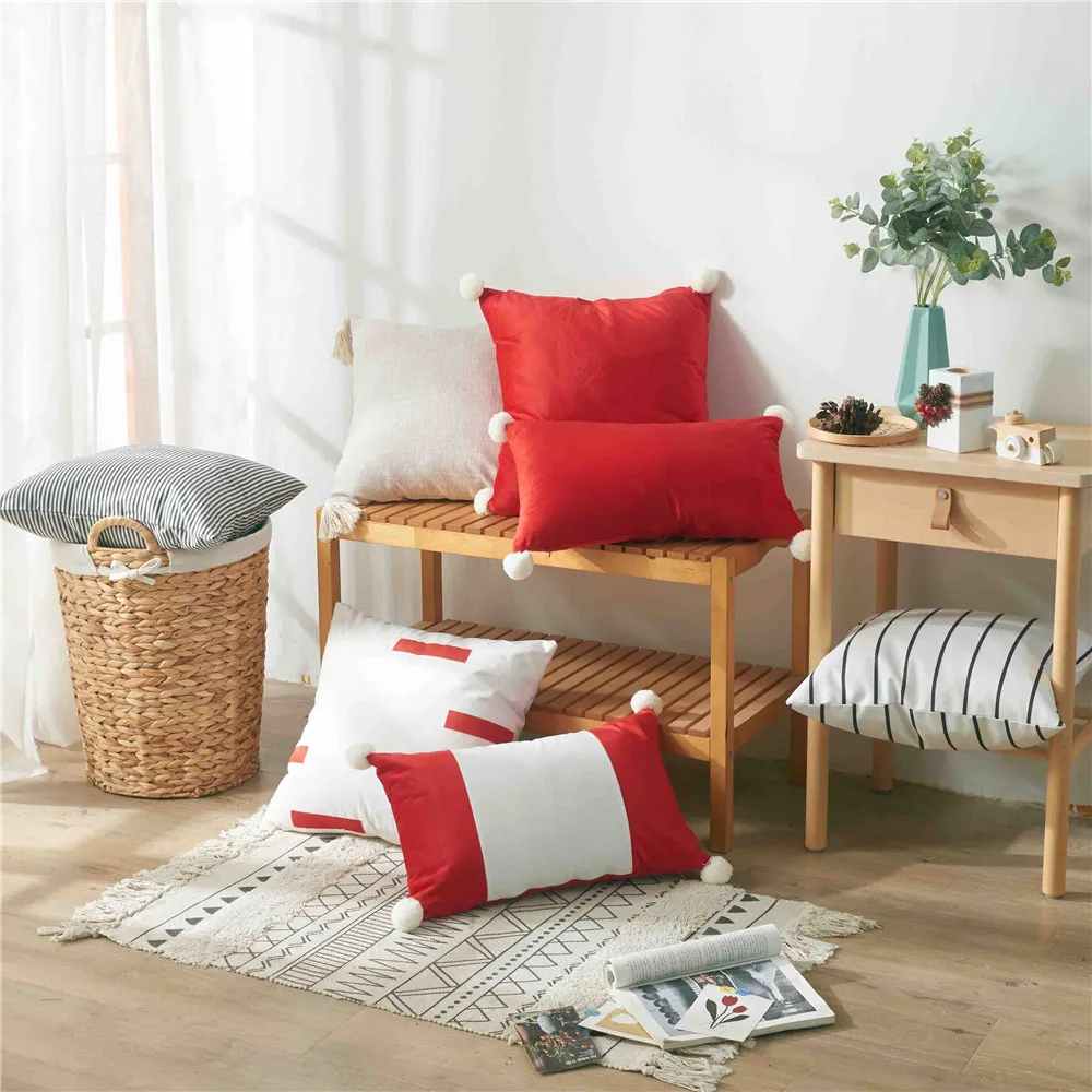 2021 Christmas Red White Velvet/cotton Cushion Covers Pompom/tassel Decoration Pillow Covers Sofa Couch Throw Pillows Home Decor